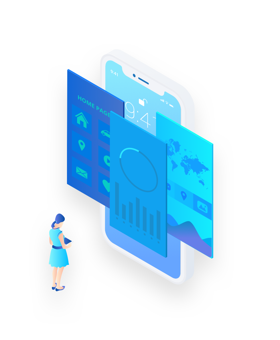 Illustrazione di una persona che interagisce con le interfacce di un'app